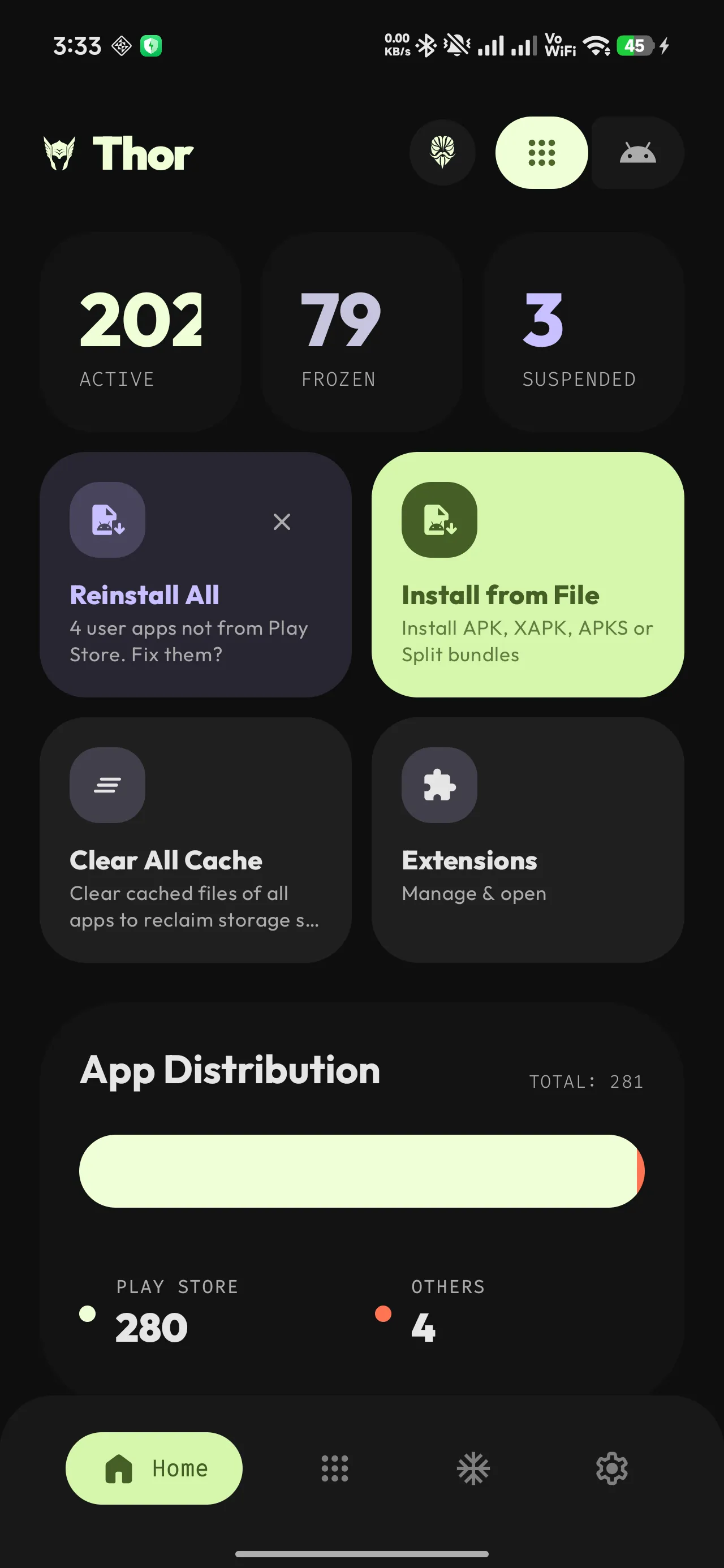 Thor's home screen, showing the active, frozen and suspended app counts above the action tiles.