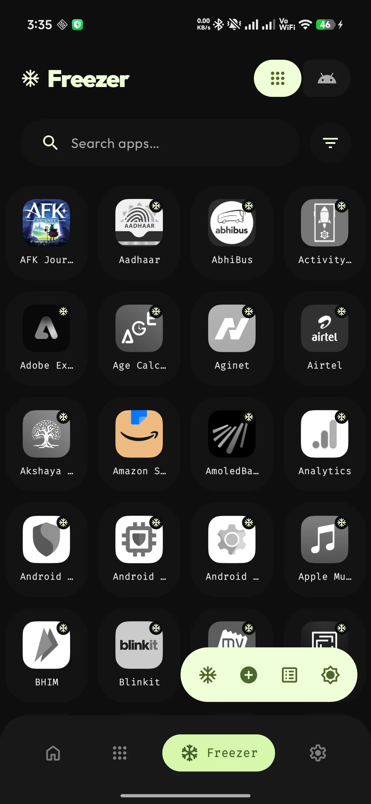 The Freezer, listing the watchlist with the frozen apps' icons greyed out.