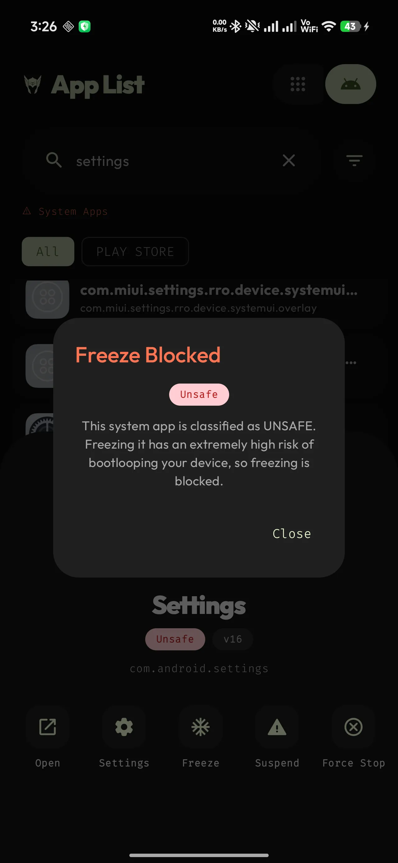 Thor refusing to freeze a system app rated Unsafe, with no way to continue.