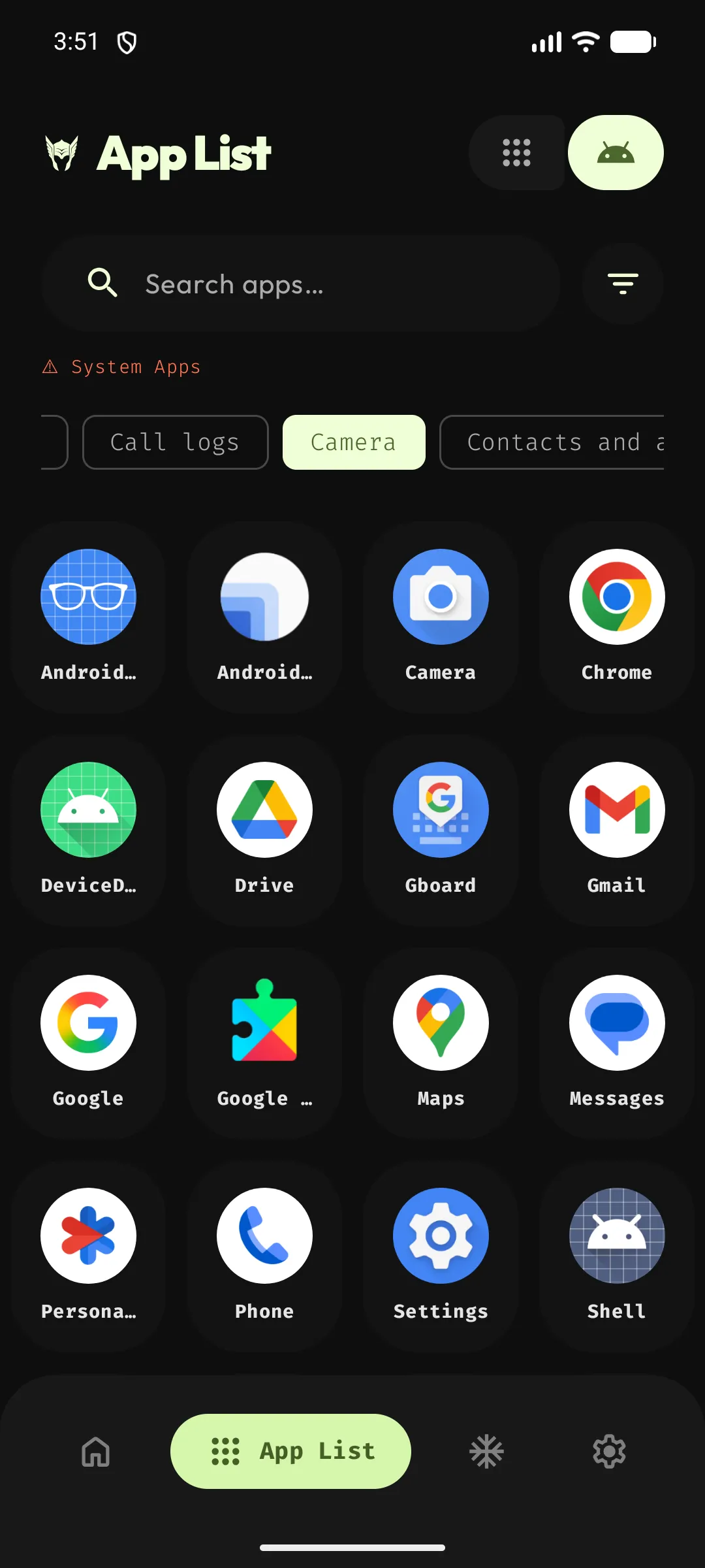 The app list filtered by the Camera permission chip, on a device with no privilege mode enabled.