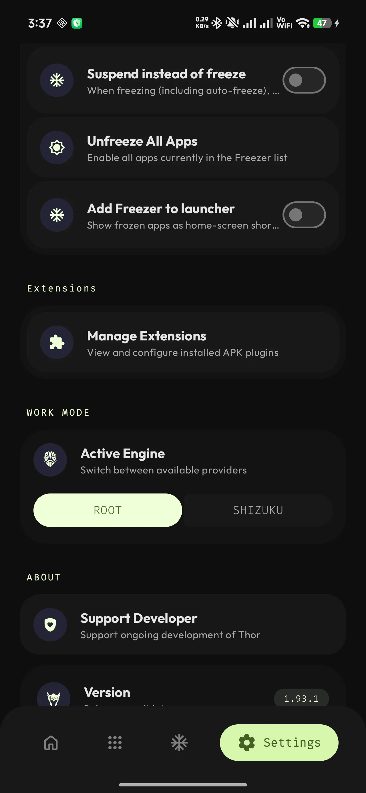 Settings, showing the Work Mode selector with more than one privilege engine available.